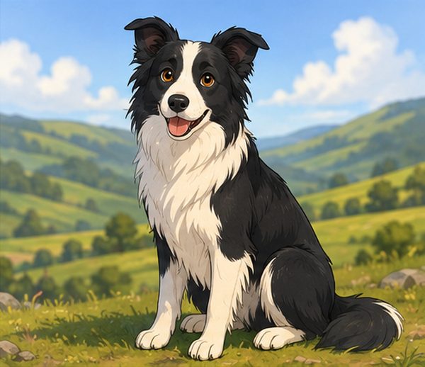 Illustration of a black and white Border Collie sitting in hill country