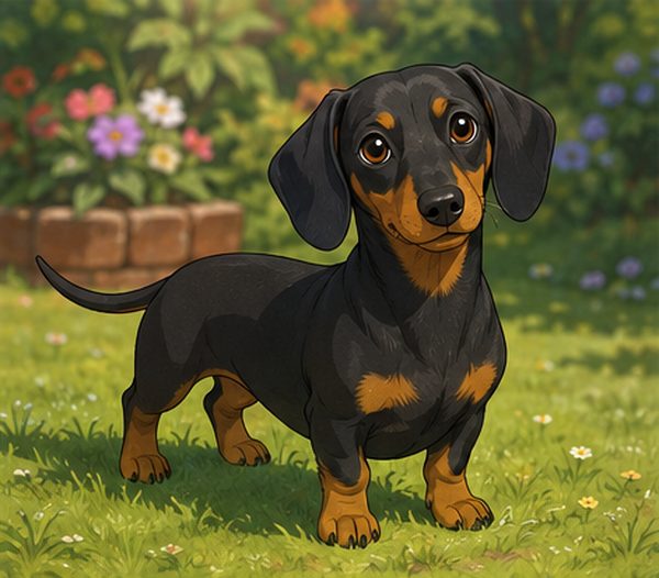 Illustration of a black and tan dachshund standing on grass