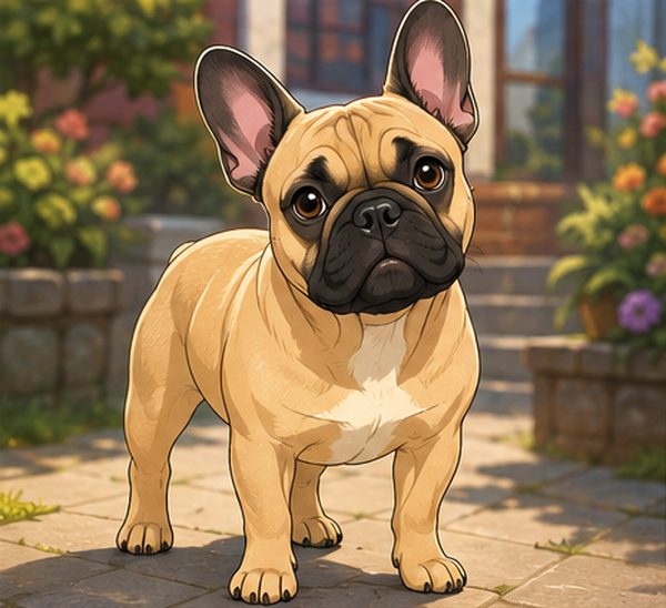 Illustration of a fawn French Bulldog standing on a patio