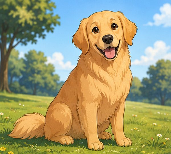 Illustration of a golden retriever sitting on grass