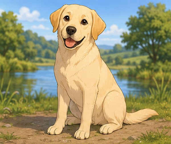 Illustration of a yellow Labrador sitting beside water