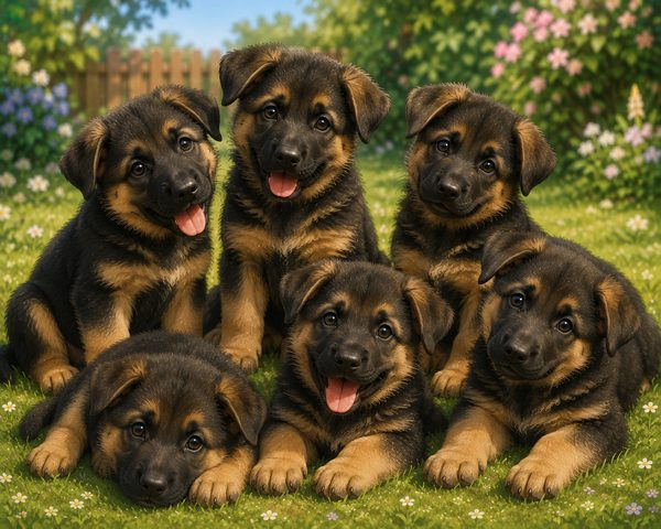 Illustration of six German Shepherd puppies sitting together on grass