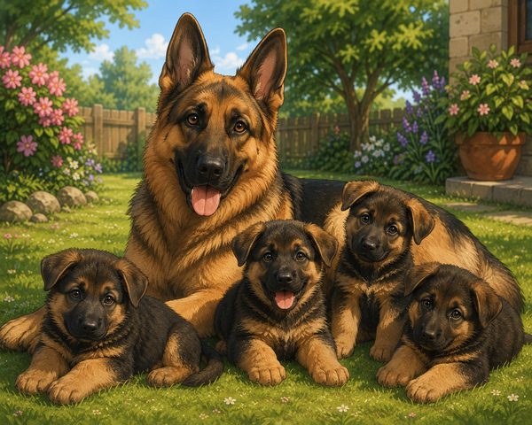 Illustration of an adult German Shepherd lying on grass with four puppies