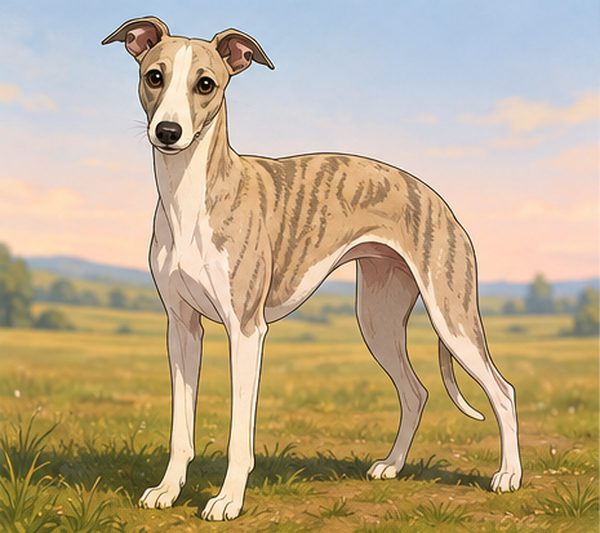 Illustration of a brindle whippet standing in profile
